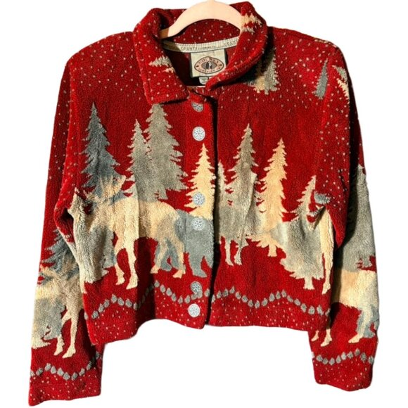 County Clothing Jackets & Blazers - Vintage County Clothing Co Moose Fleece Jacket Red Winter Scene Women M